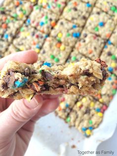 (no flour! Triple Peanut Butter Monster Cookie Bars