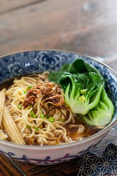 Noodles Soup with Baby Bok Choy and Crispy Shallots