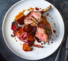 One-pan glazed rack of lamb with spiced red onions & potatoes