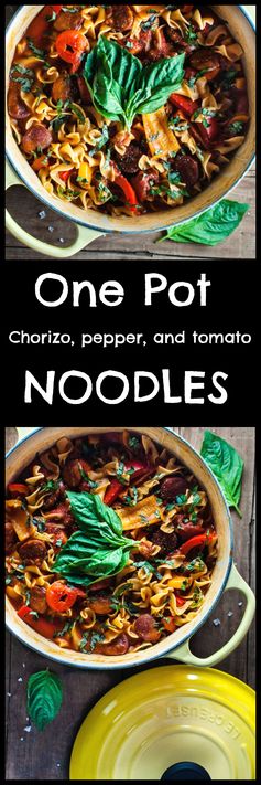One Pot Chorizo, Bell Pepper, and Tomato Noodles