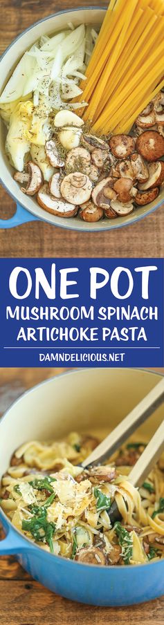 One Pot Mushroom Spinach Artichoke Pasta