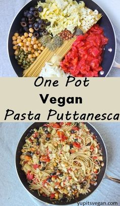 One Pot Spaghetti Alla Puttanesca with Chickpeas & Artichoke Hearts