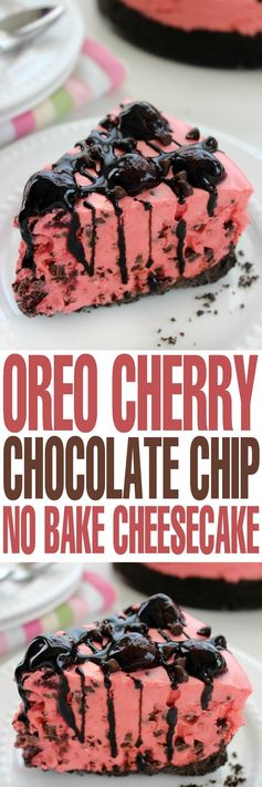 Oreo Cherry Chocolate Chip No Bake Cheesecake