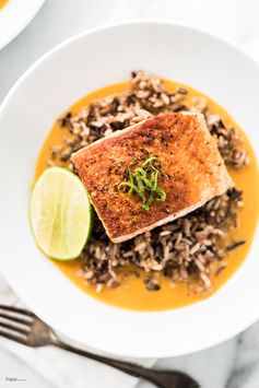 Pan Seared Salmon with Wild Rice in Coconut Curry Broth