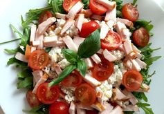 Pasta salad with smoked chicken, cherry tomatoes and cottage cheese