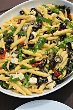 Penne with Black Olives, Sun-Dried Tomatoes, Feta and Spinach