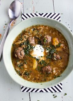 Persian Meatball Soup with Apricots, Brown Rice, and Yogurt