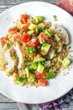 Pistachio-Crusted Chicken with Quinoa and Chopped Cucumber Jalapeño Salad