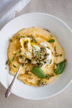 Poached Eggs over Polenta with Olive-Herb Pesto