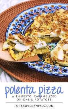 Polenta Pizza with Pesto, Caramelized Onions and Potatoes