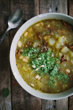 Potato & Chanterelle Soup with Arugula Pesto