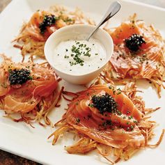 Potato Pancakes with Smoked Salmon, Caviar and Dill Cream