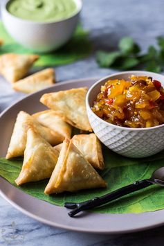 Potato Samosas with Mango and Peanut Chutneys