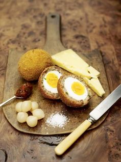 Proper Scotch eggs with lovely Scottish cheese and pickle