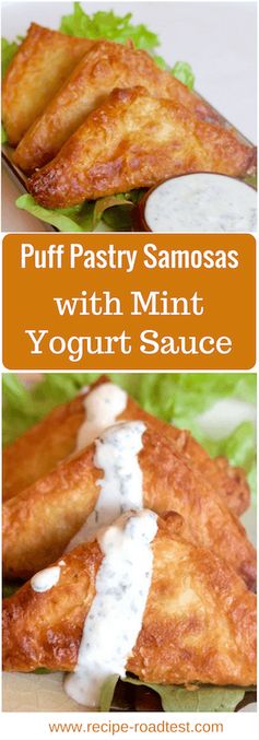 Puff pastry samosas with mint yogurt sauce