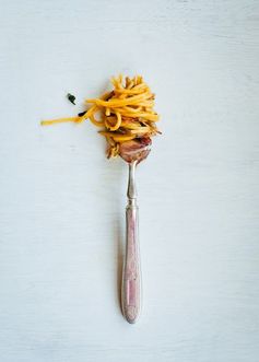 Pumpkin Creme Fraiche Spaghetti with Fried Onions and Sage Leaves