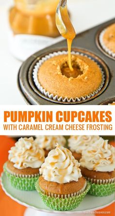 Pumpkin Cupcakes With Caramel Cream Cheese Frosting