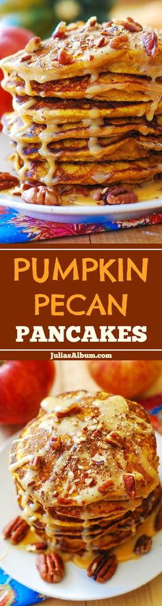 Pumpkin pancakes with caramel pecan sauce