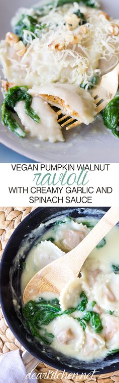 Pumpkin Walnut Ravioli with Creamy Garlic and Spinach Sauce