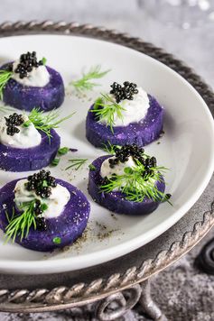 Purple potato bites with horseradish creme fraiche and caviar