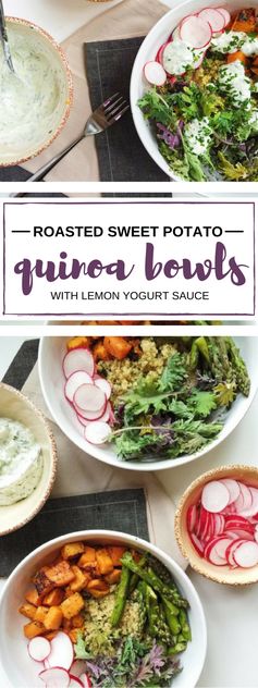Quinoa, Roasted Sweet Potato + Asparagus Bowls (with Lemon Yogurt Sauce
