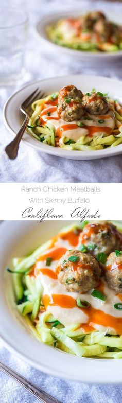 Ranch Buffalo Chicken Meatballs with Zucchini Noodles and Cauliflower Alfredo Sauce