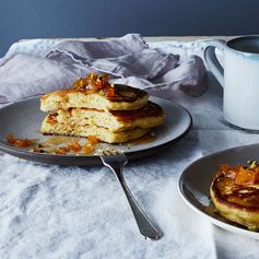 Ricotta and Brown Butter Pancakes with Maple-Bourbon Apricots