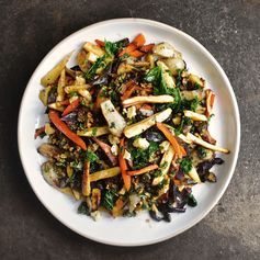 Roast parsnips and jerusalem artichokes with cavolo nero and stilton