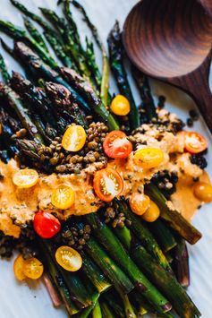 Roasted Asparagus with Romesco Sauce and French Lentils