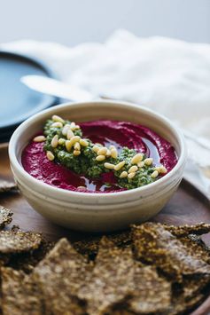 Roasted Beet Hummus with Basil Pesto