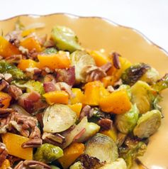 Roasted Brussel Sprouts & Butternut Squash with Crispy Bacon and Toasted Pecans