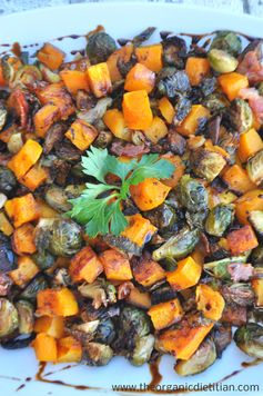 Roasted Brussel Sprouts and Butternut Squash with Balsamic Glaze (bacon optional