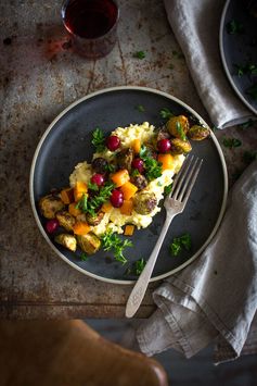 Roasted Brussels and Squash with Creamy Garlic Polenta