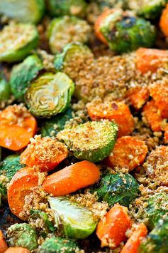 Roasted Brussels Sprouts and Carrots with Parmesan Breadcrumbs