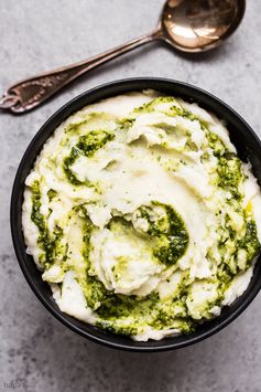 Roasted Garlic Mashed Potatoes with Basil Pesto