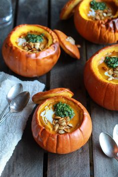 Roasted Garlic Sage Pesto Pumpkin Soup with Spicy Fried Pumpkin Seeds