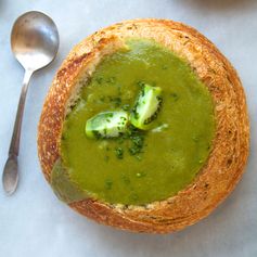 Roasted Green Tomato Basil Soup in Sourdough