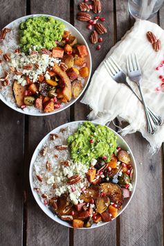 Roasted Harvest Veggie, and Curried Avocado + Coconut Rice Bowls