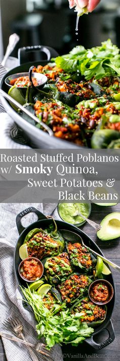 Roasted Stuffed Poblanos with Smoky Quinoa, Sweet Potatoes and Black Beans