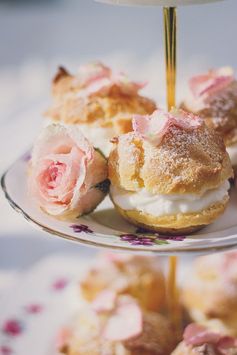 Rosewater Cream Puffs with Sugared Rose Petals