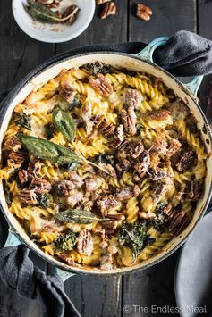 Sage Pumpkin Pasta Bake with Kale and Butter Pecans