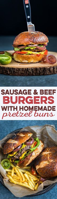 Sausage and Beef Burgers on Homemade Pretzel Buns