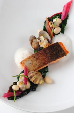 Sea trout with ruby chard and clams