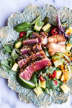 Seared Ahi Tuna Poke Salad with Hula Ginger vinaigrette + Wonton Crisps