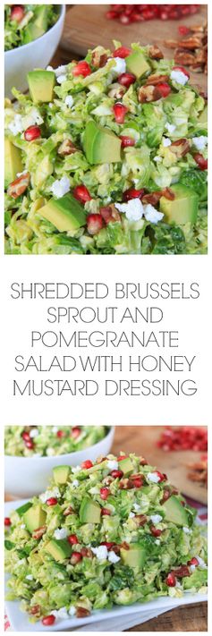 Shredded brussels sprout and pomegranate salad with honey mustard dressing