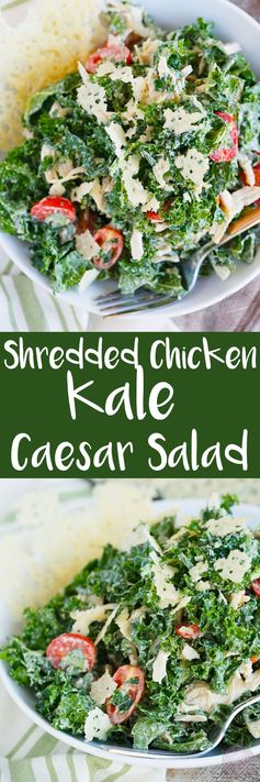 Shredded Chicken Kale Caesar Salad with Parmesan Crisps