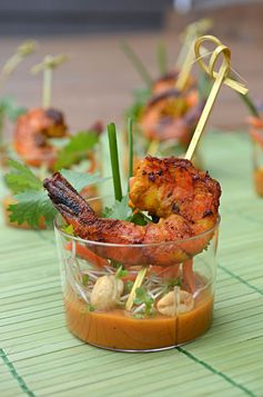 Shrimp Satay Skewer Shooters with Thai Spicy Peanut Sauce