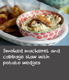 Smoked mackerel and cabbage slaw with potato wedges