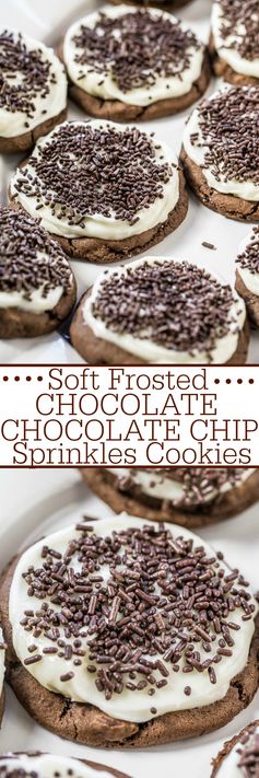 Soft Frosted Chocolate-Chocolate Chip Sprinkles Cookies