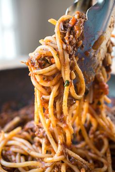 Spaghetti in Rich Braised Beef and Porcini Mushroom Ragù